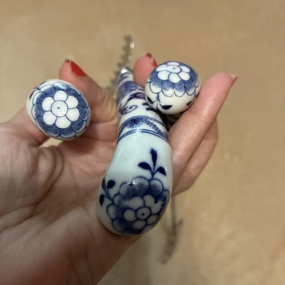 Vintage Prill Sheffield Blue Onion Porcelain Utensils Serving Set Of 3